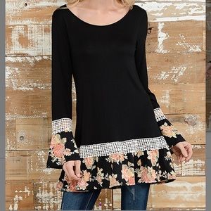 Black floral bell sleeve tunic
